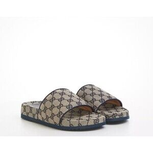 GUCCI Men's GG Slide Sandal In Beige And Blue Monogram Canvas Size 8